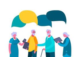 Older people chat online discuss speech bubble. Ederly two men and woman with smartphone laptop discussing news web in chat speech bubble, lively color vector flat dialog.