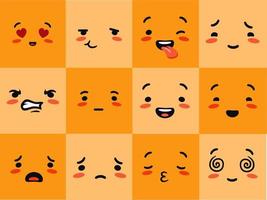 Emogi face square. Emotional characters experience yellow joyful hearts with love eyes astonished sobbing distraught pensive with poker face vector communication and entertainment in social networks.