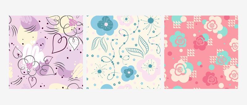 Abstract floral ornamental seamless pattern. Flowers with leaves and hearts on pastel background. Design for fabric, wrapping paper vector illustration.