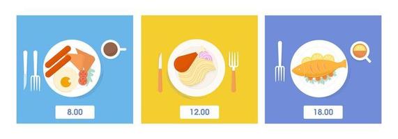 Set of serving food and drink dinner, lunch and breakfast top view vector flat illustration