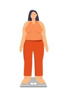 Woman obese on the scales. The concept of extra pounds vector