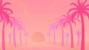 Tropical sunset with palm trees standing in raw. Beautiful island with plants silhouette vector illustration.