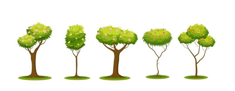 Blooming green trees. Spring red pink flowers on fruit trees spreading and fluffy summer crowns with natural beauty of surrounding vector nature.