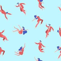 People flying in dreams seamless pattern. Male and female characters in red robes hovering happily. vector