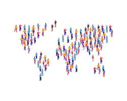 Crowd people in shape earth map isometric illustration. Groups characters lined up with world continents analysis human population. vector