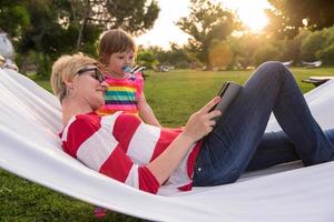 mom and a little daughter relaxing in a hammock photo