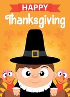 Happy Thanksgiving, greeting card, poster or flayer for holiday. Funny Thanksgiving turkeys and pilgrim boy vector