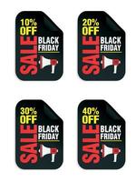 Set of Black Friday Sale stickers. Black Friday sale 10, 20, 30, 40 off with megaphone vector