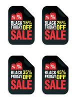 conjunto de pegatinas de venta de viernes negro. venta de viernes negro 15, 25, 35, 45 de descuento con bolsas de compras vector
