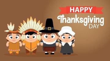 Happy Thanksgiving, greeting card, poster or flayer for holiday. Funny Thanksgiving pilgrim boy, girl and indian boy, girl vector