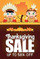 Thanksgiving Sale poster with 50 percent discount flyer for holiday. Funny kids in the costumes native Americans indian vector