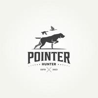 silhouette pointer dog hunting badge logo template vector illustration design. duck above  pointer dog hunting equipment emblem logo concept