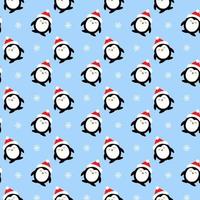 Seamless cute pattern, penguins and snowflakes. Penguin in red hat, winter. Print for wrapping, wallpaper, fabric, textile. Cartoon vector illustration for children. Blue background.