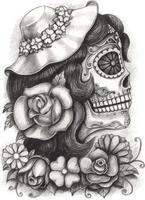 Art women skull day of the dead. Hand drawing and make graphic vector. vector