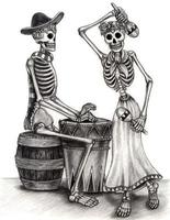 Art couple playing music day of the dead. Hand drawing and make graphic vector. vector