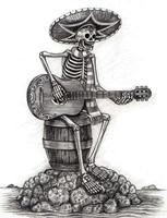 Art mexcican skull playing guitar on the island. Hand drawing and make graphic vector. vector