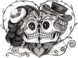 Art couple in love skulls day of the dead. Hand drawing and make graphic vector. vector