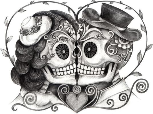 Art couple in love skulls day of the dead. Hand drawing and make graphic vector.