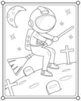 Cute astronaut flying on a broom in space suitable for children's coloring page vector illustration