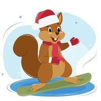 cute squirrel in a New Year's hat, scarf and mittens snowboarding, winter entertainment vector