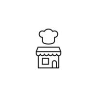 Store and shop concept. Outline sign suitable for web sites, stores, shops, internet, advertisement. Editable stroke drawn with thin line. Icon of chefs hat over shop vector