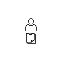 Black and white sign suitable for advertisement, web sites, stores, shops, apps. Editable stroke drawn with thin black line. Vector icon of user next to papers on clipboard