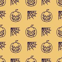 Halloween concept. Vibrant vector seamless pattern of pumpkin and spider web on yellow background. Perfect for wrapping, wallpapers, postcards, web sites, shops