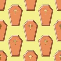 Halloween concept. Vibrant vector seamless pattern of coffin with cross on yellow background. Perfect for wrapping, wallpapers, postcards, web sites, shops