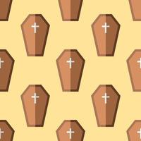 Halloween concept. Vibrant vector seamless pattern of coffin on light yellow background. Perfect for wrapping, wallpapers, postcards, web sites, shops