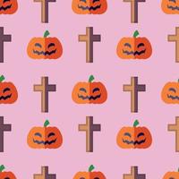 Halloween concept. Vibrant vector seamless pattern of pumpkin and coffin on light pink background. Perfect for wrapping, wallpapers, postcards, web sites, shops