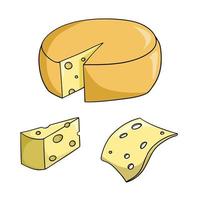 un conjunto de íconos de colores, una cabeza de queso grande amarilla, un trozo de queso, un trozo triangular de queso, un vector en estilo de dibujos animados sobre un fondo blanco