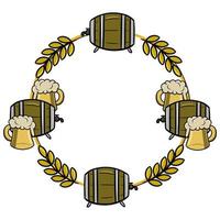 Round frame, copy space, wooden barrel with foam drink, beer with barley, oktoberfest, vector illustration in cartoon style on white background