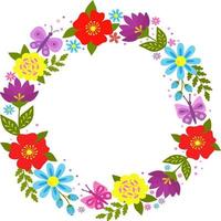 Flower frame with bright flowers and green leaves on a white background. Round frame for wedding photos, invitations, greetings, background for memorable dates. Vector stock illustration.