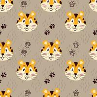 Seamless pattern with cute tiger, muzzles tiger cub with brown stripes, symbol of new 2022 year on white background. Vector illustration for postcard, banner, web, decor, design, arts, calendar.
