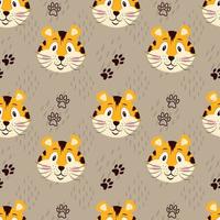 Seamless pattern with cute tiger, muzzles tiger cub with brown stripes, symbol of new 2022 year on white background. Vector illustration for postcard, banner, web, decor, design, arts, calendar.