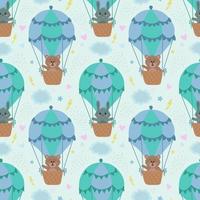 Vector seamless pattern with rabbits and bears on a balloon. Vector illustration with animals for children. It is used for printing on children's fabrics, wallpaper, textiles, design.