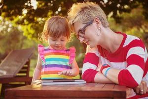 mom and her little daughter using tablet computer photo