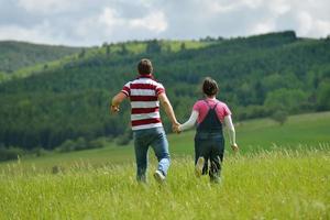 romantic young couple in love together outdoor photo