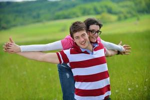 romantic young couple in love together outdoor photo