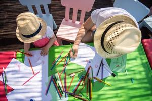 mom and little daughter drawing a colorful pictures photo