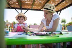 mom and little daughter drawing a colorful pictures photo