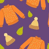 suéter cálido, hojas que caen, sombrero. concepto acogedor de otoño en estilo de dibujos animados. patrón sin costuras arte vectorial vector