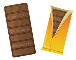 Chocolate in a yellow wrapper. A delicious bar of chocolate. Chocolate sweets. Vector illustrations on a white background.