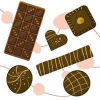 Chocolate candy in different shapes. Set of vector images. Chocolate sweets. Flat illustrations on a white background.