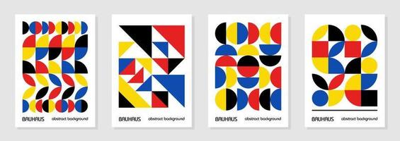 Set of 4 minimal vintage 20s geometric design posters, wall art, template, layout with primitive shapes elements. Bauhaus retro pattern background, vector abstract circle, triangle and square line art