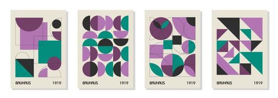 Set of 4 minimal vintage 20s geometric design posters, wall art, template, layout with primitive shapes elements. Bauhaus retro pattern background, vector abstract circle, triangle and square line art