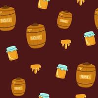 Seamless pattern with vector drawings of handmade barrels of honey. The barrel is flat, cartoony. Registration of cards, menus, banners, printing on fab