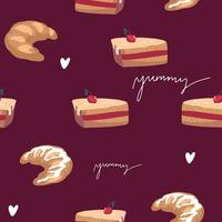 Seamless pattern with tasty fresh crunchy croissants, breadcrumbs. Background for design menu cafe, bistro, restaurant, label and packaging. vector