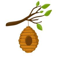 Yellow bee hive on a white background. Bee hive isolate. Stock Vector illustration of bee house with a circular entrance. Insect life in nature. Bees near the hive. Beehive in a tree branch.