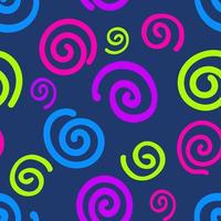 Seamless pattern with a bright colorful acid spirals on dark blue background. vector